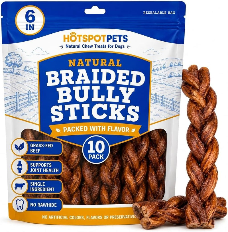 hotspot pets Braided Bully Sticks for Dogs -6 Inch Stix (10 Pack) Premium All Natural Long Lasting, Low Odor, Twisted Be