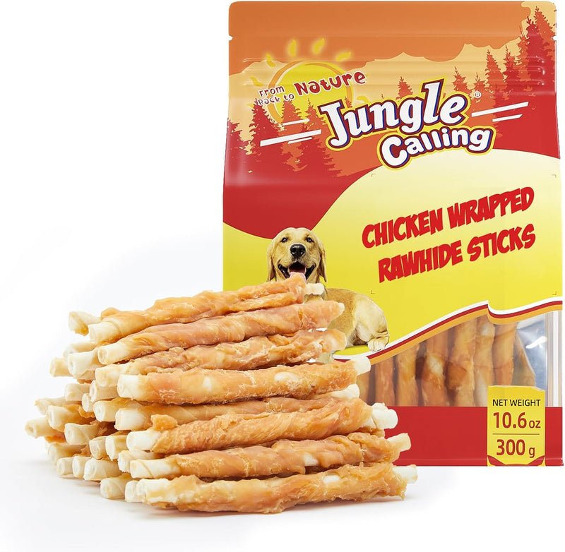 Jungle Calling Dog Treats, Chicken Wrapped Rawhide Sticks for Dogs, Grain-Free Natural Small Dogs Training Treats, Pet Chew Snacks,10.6 oz