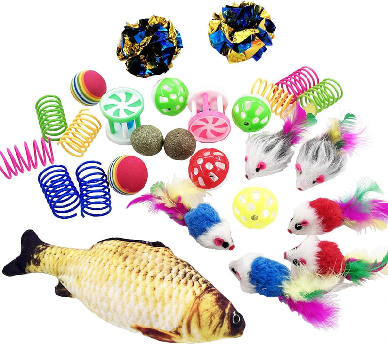 Cat Toys 27 Packs Combo Set, Cat Catnip Fish and Ball Toy, Cat Bell Balls Crinkle Balls, Cat Spring Toys, Plush Mices At