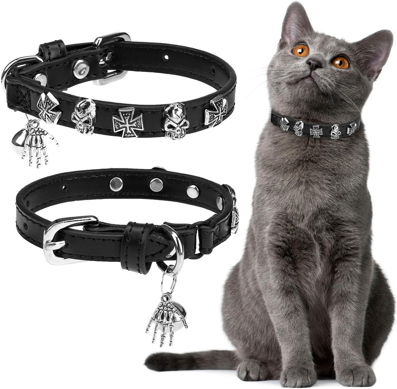 EXPAWLORER Leather Cat Collar for Girl Boy Cats,Black(Skull),S