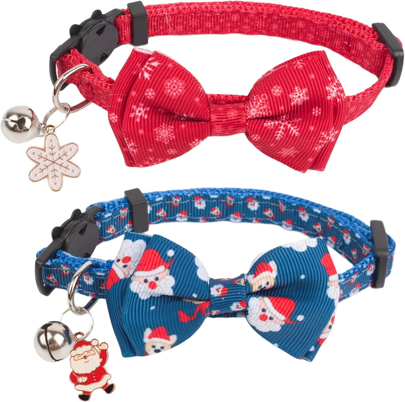 PTDECOR Christmas Cat Collars with Bow, Red Blue Cat Xmas Collar