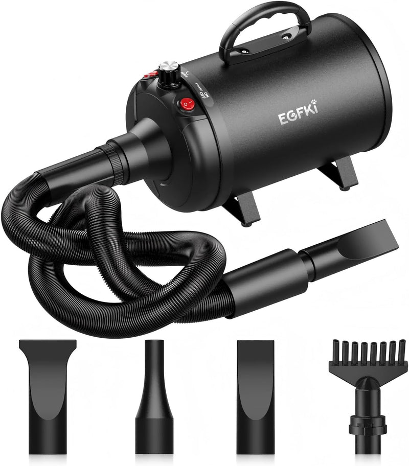 EGFKI Dog-Hair-Dryer, 5.2HP/ 3800W High Velocity Pet Blow Dryer with Heater for Grooming, Speed Temperature Adjustable Dog Blower Grooming Dryer with 4 Nozzles