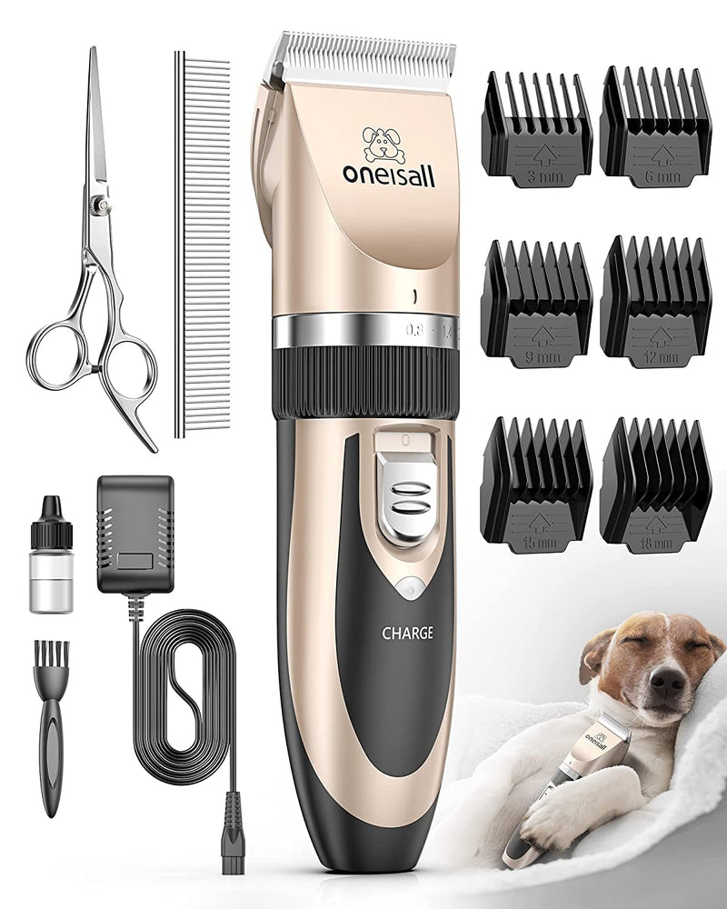 oneisall Dog Clippers Low Noise, Dog Grooming Kit with Rechargeable, Pet Shaver Cordless Electric Quiet Hair Clipper Set for Dogs Cats Pets(Gold)