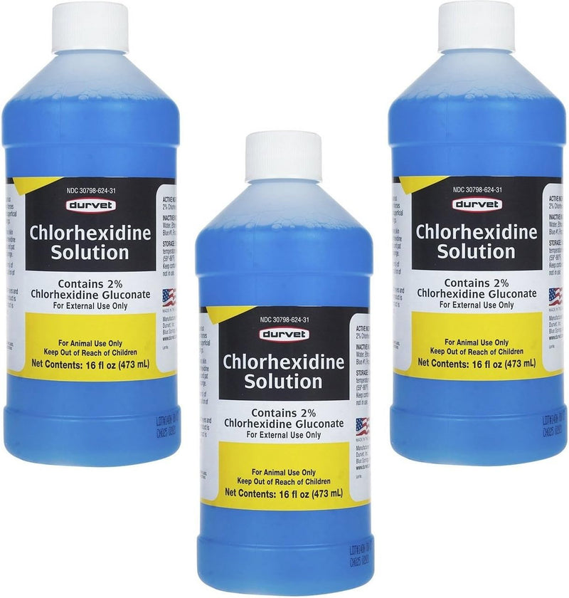 Durvet 3 Bottles of Chlorhexidine Solution, 16 Ounces Each, for Cleaning Superficial Wounds on Dogs and Horses