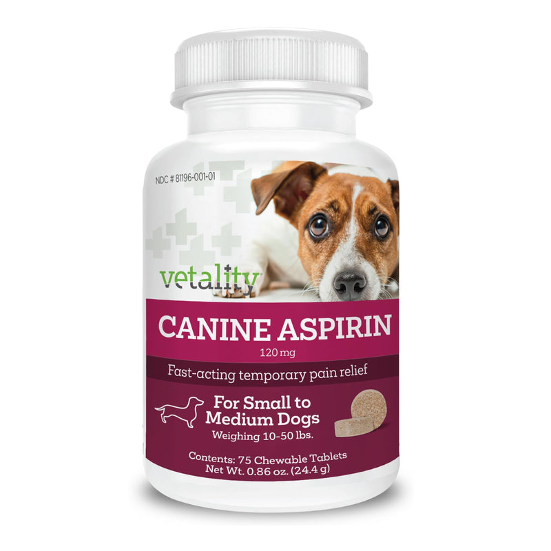 Vetality Canine Aspirin for Dogs | Fast Pain Relief | Small to Medium Dogs | Liver Flavor | 75 Chewable Tablets