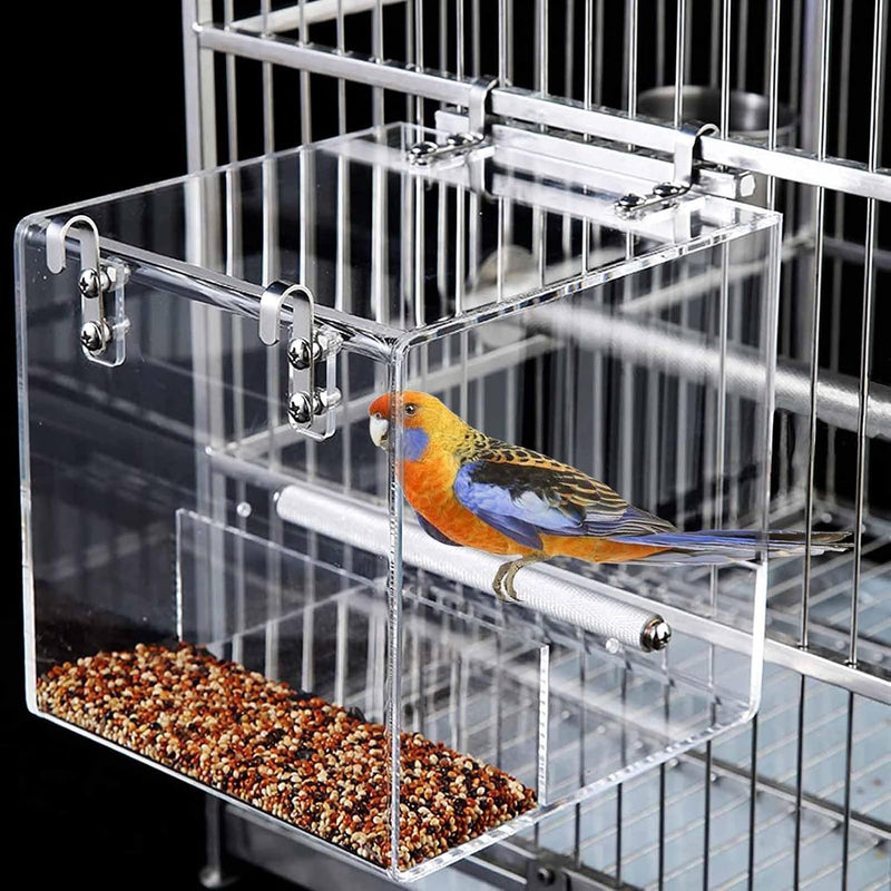 No Mess Bird Feeder for Cage, Automatic Acrylic Bird Feeder Seed Catcher Tray Cage with Stainless Steel Hooks for Small