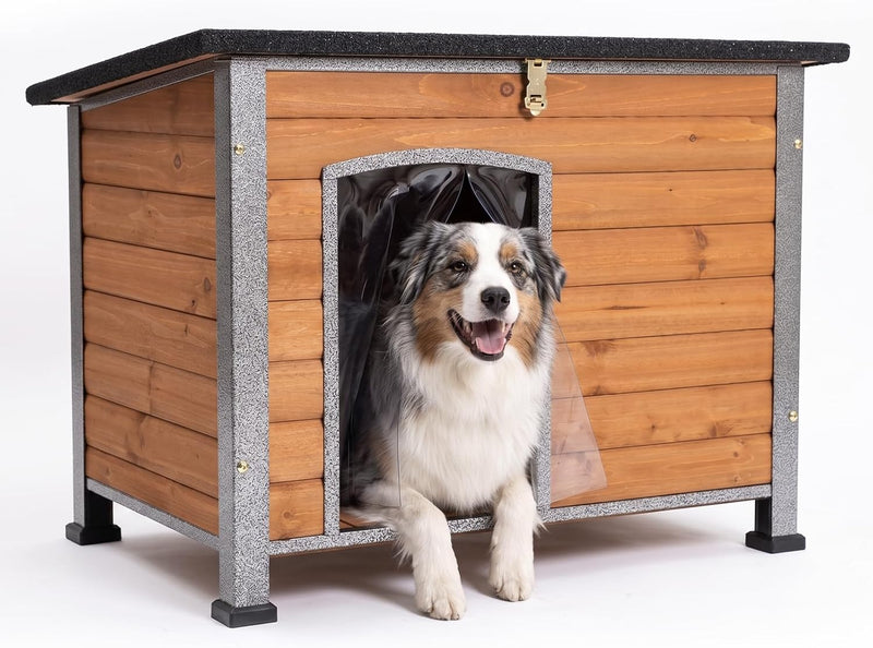 Suumerpety Indoor Outdoor Dog House,Anti-Chewing Iron Frame Dog Kennel,Wood Warm Pets Home,Weatherproof Outside Shelter for Feral Animal 33.5