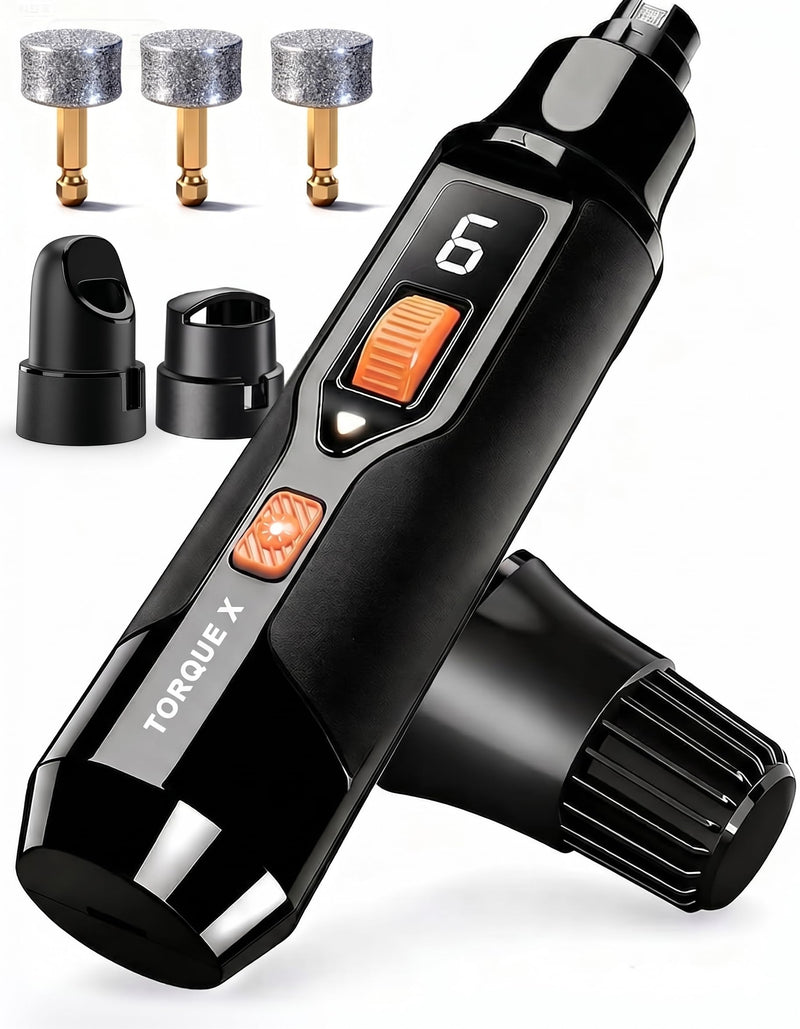 Torque X +30% Power Professional Dog Nail Grinder - Ultra-Quiet 30dB Dog Nail Trimmers, Powerful 7-Speed 16,000 RPM Motor (20k Force), Dual LED Lights, 12H+ Runtime, 3 Diamond Bits & Dust Cap