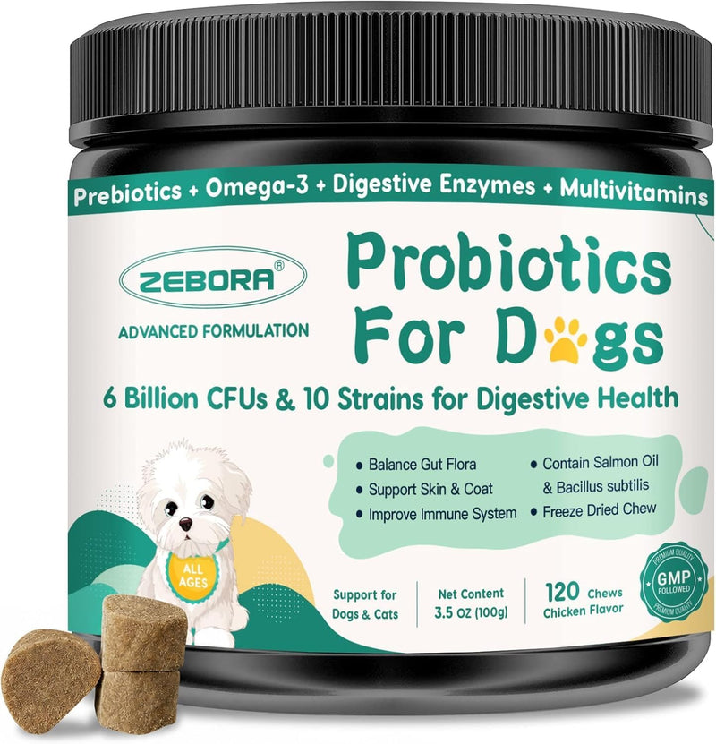 ZEBORA Probiotics for Dogs & Cats, Dog Probiotics for Digestive Health, 6 Billion CFUs Digestive Enzymes with Prebiotics, Omegas & Vitamins for Gut & Itchy - 120 Chews