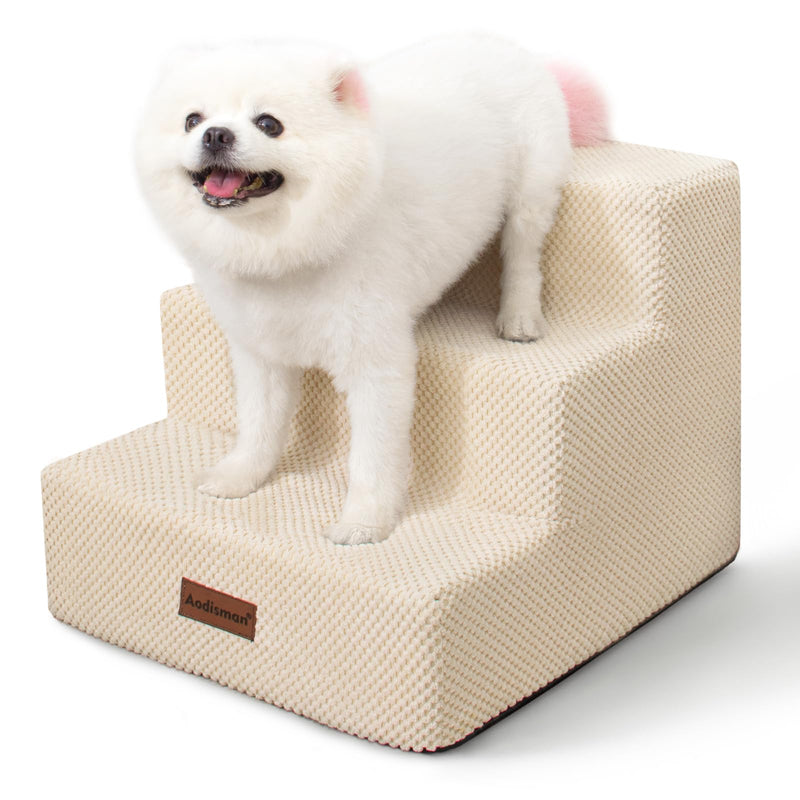 Dog Stairs for Small Dogs & Cats, 3-Step Non-Slip Pet Steps for Couch Sofa and Chair, Beige, 13.6