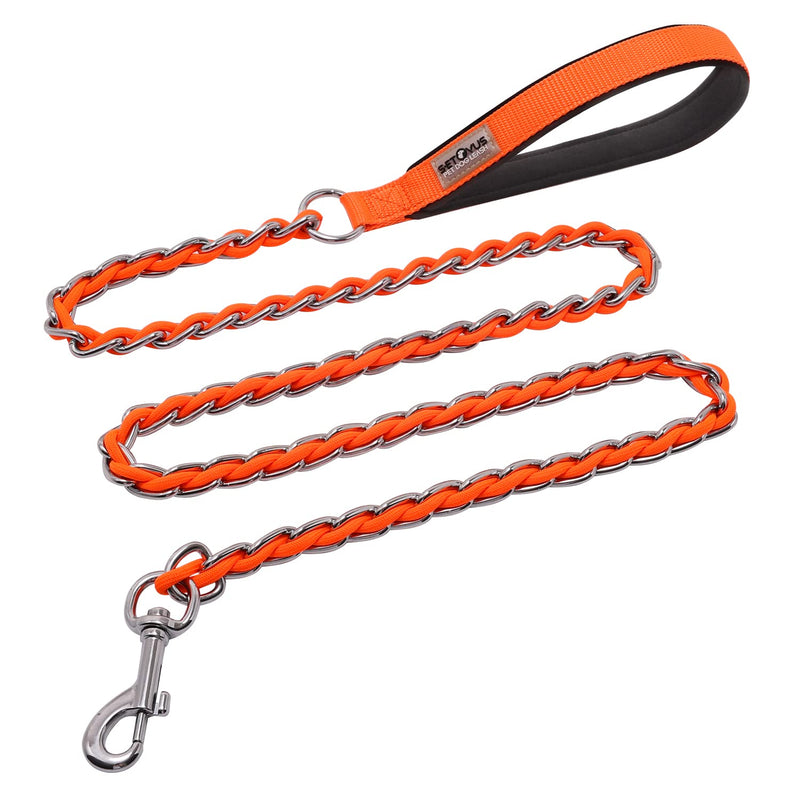 Chain Dog Leash Chew Proof Metal Leash for Medium Large Dogs, Chain Link Dog Anti Chew 5.2FT / 4FT Strong Anti Bite Comfortable Soft Padded Handle (Orange, 4FT(30-80lb)