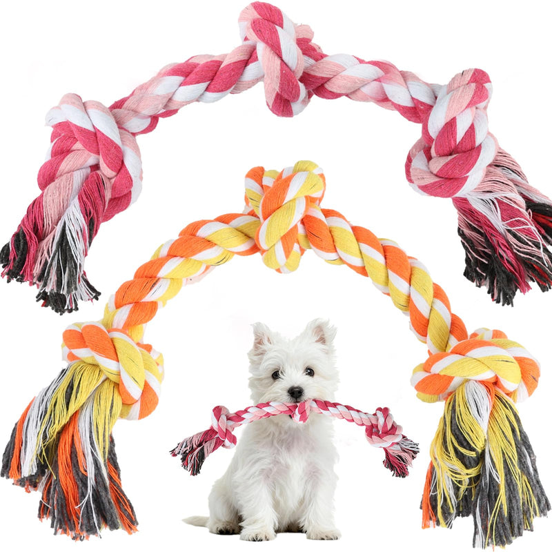 SZEE Dog Rope Toy 2 Pack, Rope Toys for Dogs, Chew Ropes for Small Breeds Puppies, Pull Toy for Tug of War, Energy Release, Boredom Relief and Teeth Cleaning, 3 Knots 14 inches (Pink & Orange)
