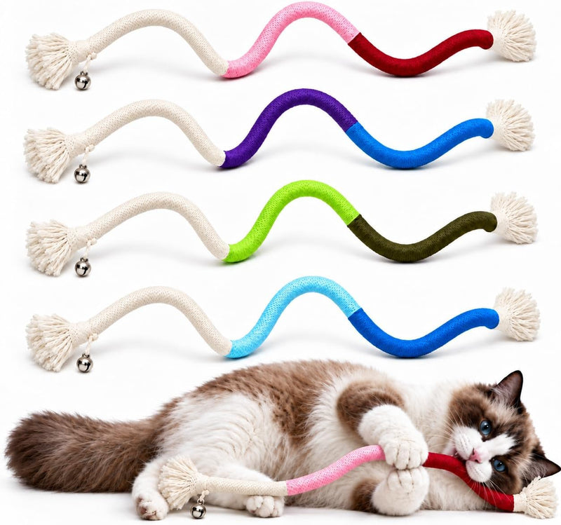 4-Pack Interactive Cat Chew Rope Toys, Teaser Sticks with Jingle Bells