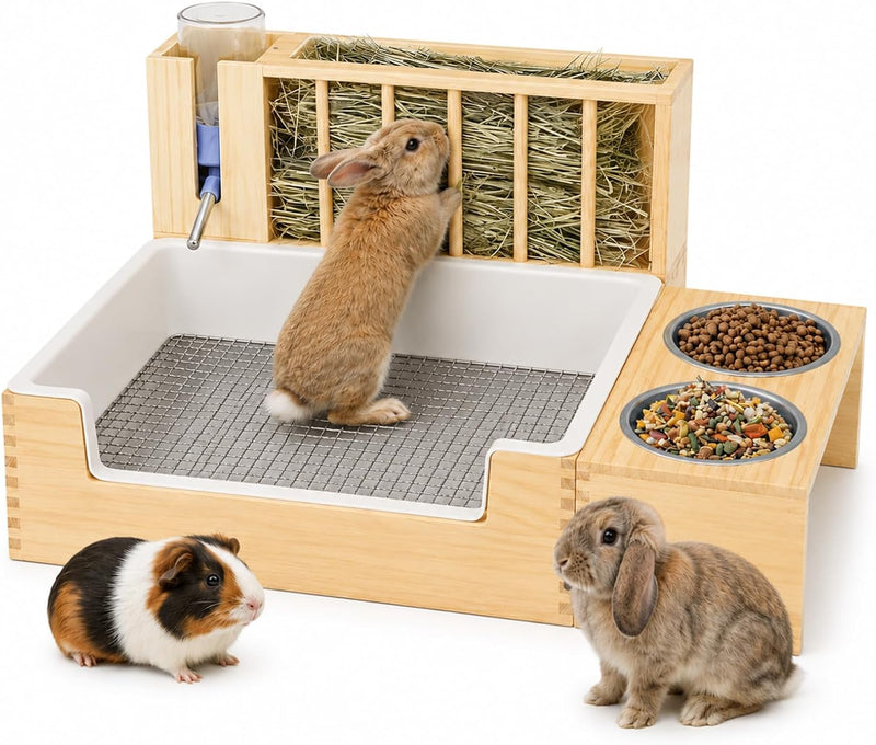 4-in-1 Rabbit Litter Box with Hay Feeder, Waterproof Bunny Toilet
