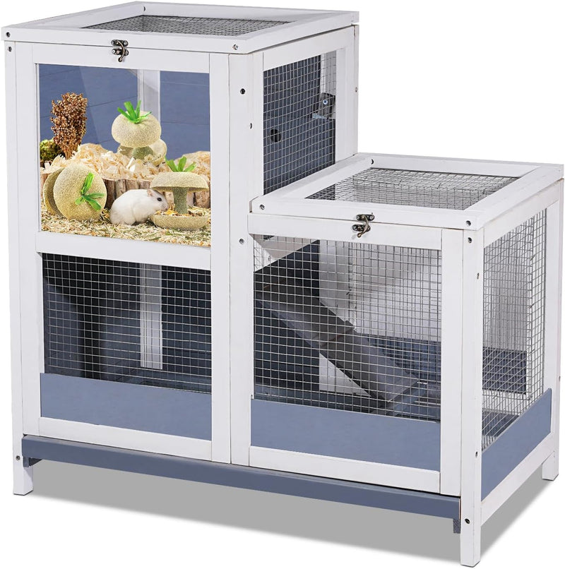 2-Story Guinea Pig Cages Wooden Indoor Rabbit Hutch Hamster Cage with Openable Roofs, Removable Tray and Wide Ramp, Smal