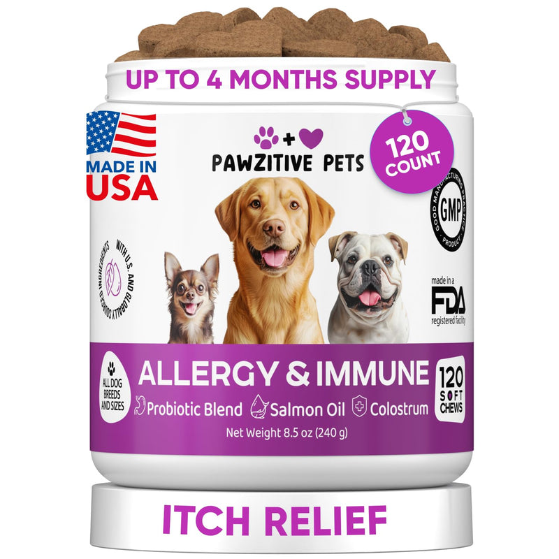 Dog Allergy Relief Chews for Itchy Skin - Seasonal and Food Allergy Chews for Shedding, Licking Paws, Hot Spot, Ears - USA Product - Omega 3 Fish Oil Skin & Coat Supplement - Anti Itch Immune Treats
