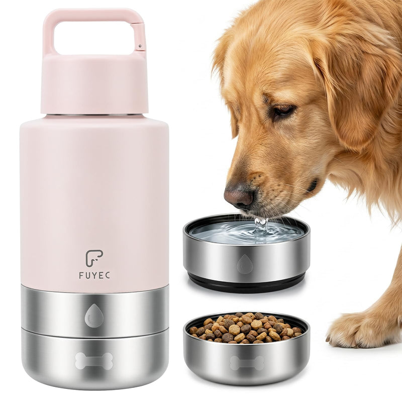 FUYEC Dog Water Bottle 32oz, Insulated Stainless Steel Travel Water Dispenser with 2 Detachable Dog Bowls for Food and Water, Leak Proof Portable Pet Drinking Cup for Walking Hiking Camping