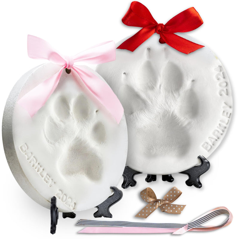Pet Paw Print Impression Kit Makes (2) Dog Keepsake Ornaments, Inkless Paw Print Kit for Dogs (and Cats!) - Dog Paw Print Kit Keepsake, New Puppy Gift, Pawprint Kit w/ Paints & Name Stamps! (White)