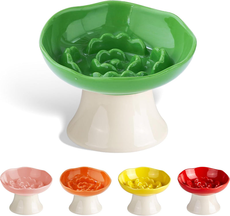 Ceramic Slow Feeder Bowl for Cats and Small Dogs, Elevated Tilted Pet Food Dish, Whisker Friendly Anti-Vomit Design, Hea