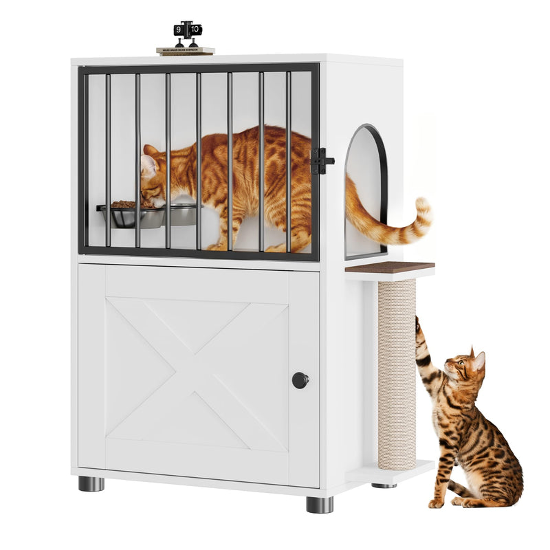 VKTO Cat Feeding Station, Dog Proof Cat Feeding Station with Scratching Post, Elevated Food Bowls with Stand, Cats Tree with Food Storage for Small Spaces, Pet House Furniture (White)