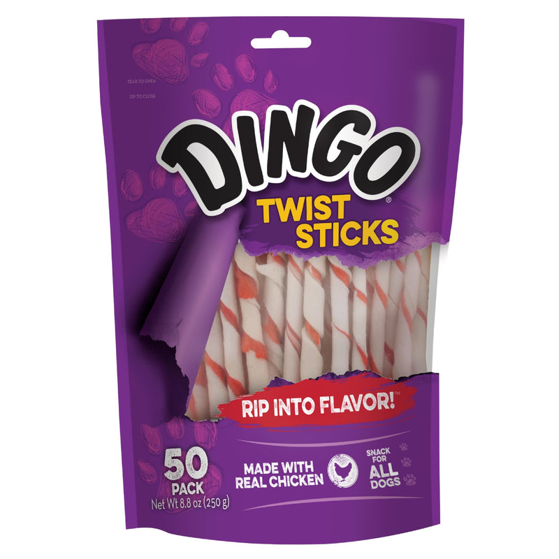Dingo Twist Sticks Premium Rawhide Treats For Dogs Made with Real Chicken, 50 Count