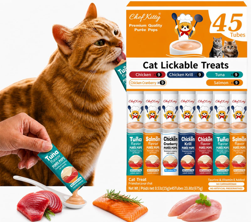 Cat Treats Lickable | Grain-Free Cat Food Toppers, High Protein | Creamy Puree Squeeze Ups with Vitamin E & Taurine, Digestible Formula | 0.5 oz. Each Tube, Chicken & Seafood Mix Variety | 45 Tubes