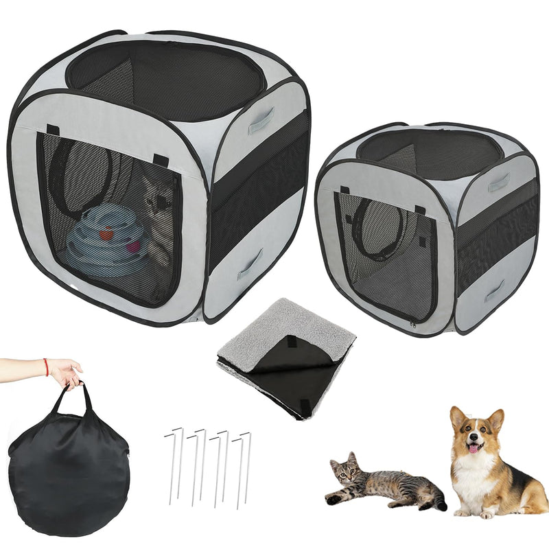 Acesolid 2-Pack Portable Cat Playpens with Flannel Mat, Folding Dog Cat Tents for Indoor & Outdoor Use, Securing Pegs, Waterproof Fabric Soft-Sided Houses Cat Enclosures for Cats and Small Pets -Grey