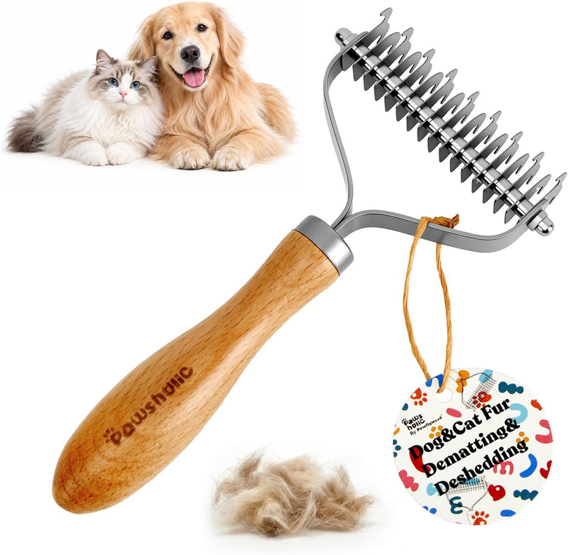 PAWSHOLIC Undercoat Rake for Dogs - Professional Pet Shedding Dematting Comb with Wood Handle, Stainless Steel Blades for Pet Cats Dogs Matted Hair Tangles Removing