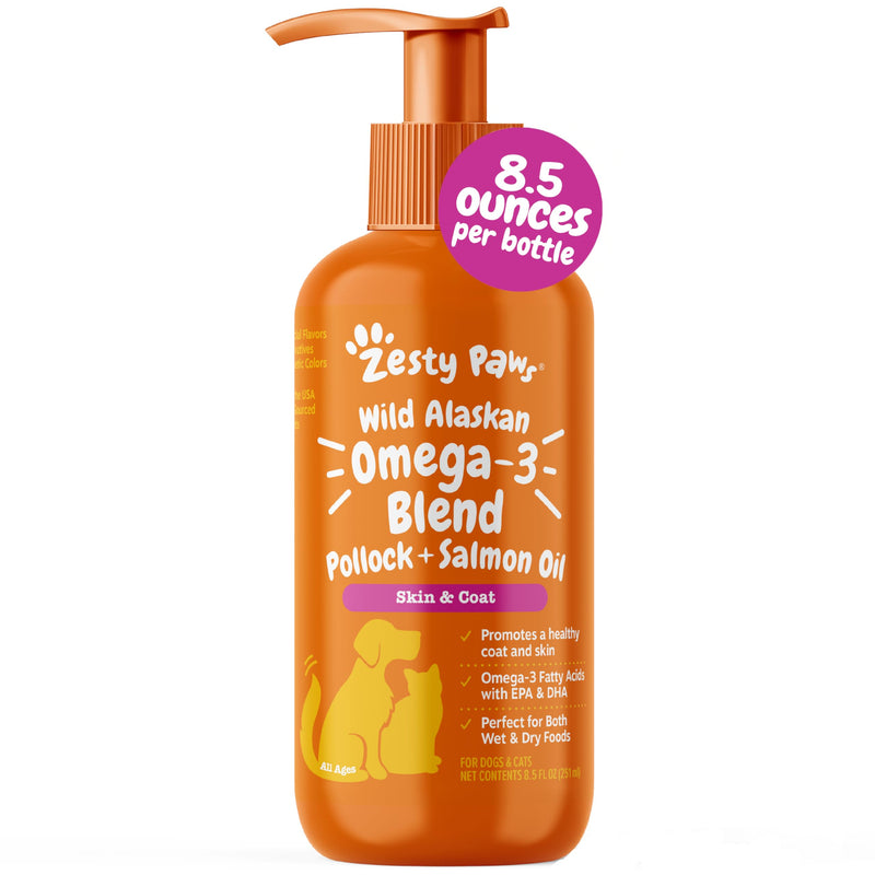 Zesty Paws Wild Alaskan Omega-3 Blend Pollock + Salmon Oil for Dogs and Cats- Skin and Coat Support, Omega 3 Supplement for Pets, 8.5oz