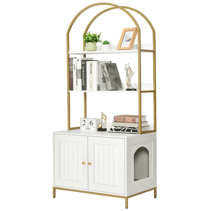 Homhedy Cat Litter Box Enclosure, Litter Box Furniture Hidden with 2-Tier Storage Shelves, Wooden Cat Washroom Furniture with Metal Frame, Modern Style, White and Gold