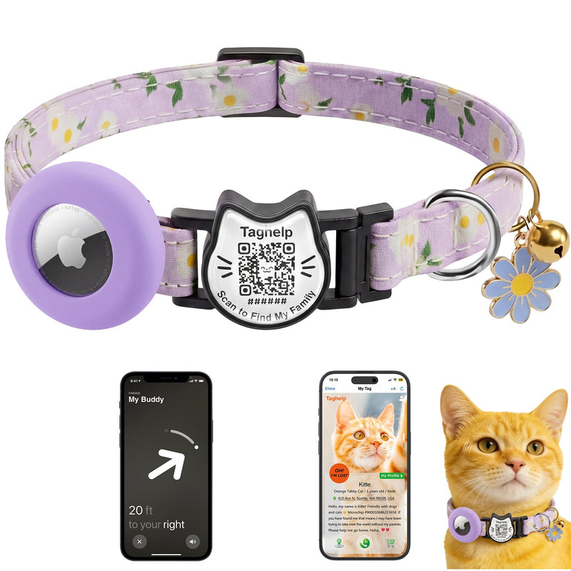 Smart Breakaway Cat Collar with QR Code Pet ID, Built-in AirTag Holder, Adjustable Cotton Cat Collar with Bell for Kittens and Adult Cats ,Pastoral Style with airtag Holder(Purple)