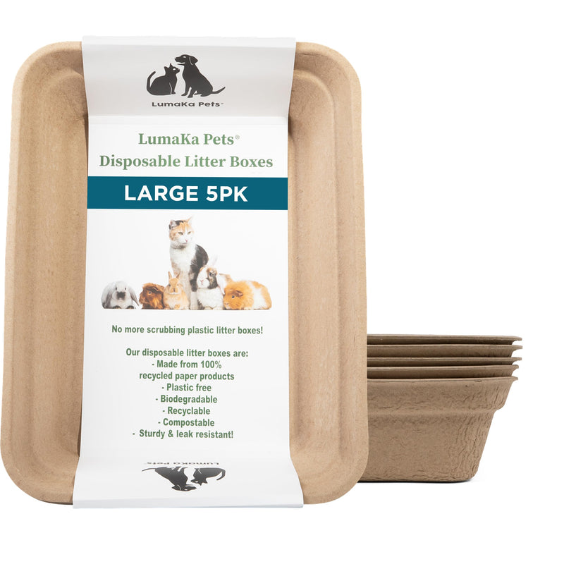 LumaKa Pets Disposable Cat Litter Box, 5-Pack (Large) – Extra Thick & Sturdy, Leak Resistant, No Scrubbing, Odor Resistant, Biodegradable Recycled Pulp – Multi-Location Coverage