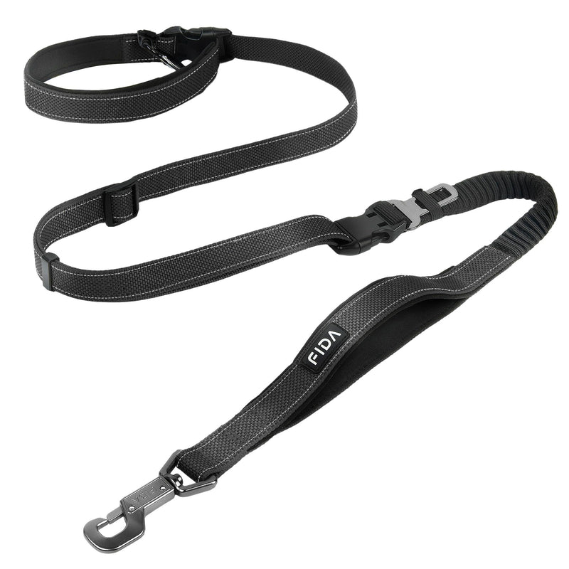 Fida 6-in-1 Hands Free Dog Leash Heavy Duty, Reflective Wasit Corssbody Dog Leash with Car Seat Clip | Adjustable for Running Hiking | Shock Absorbing Bungee, Dual Padded Detachable Handles (Black)