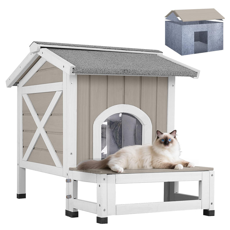 PetsCosset Outdoor Indoor Cat House Weatherproof Wooden Feral Cat Shelter with Openable Asphalt Roof, Large Balcony, Escape Door, Cozy Scratch-Resistant Fabric Lining