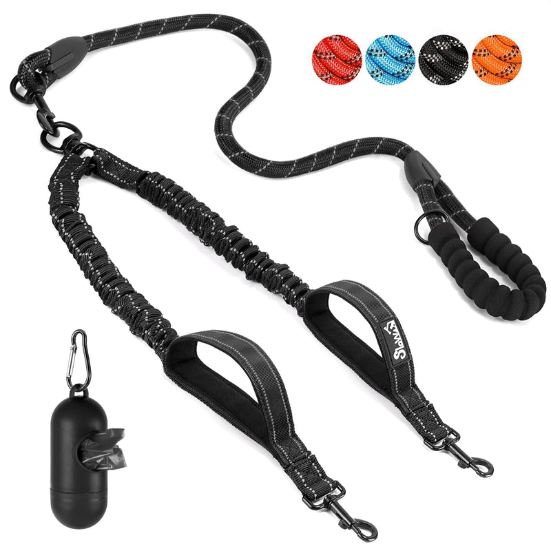 SlowTon Double Leash for Two Dogs - No Tangle Dog Leash 360° Swivel Reflective Double Dog Leashes with Two Padded Handles, Shock Absorbing Walking Training for Small Medium Dogs (Black, 25-150 lbs)