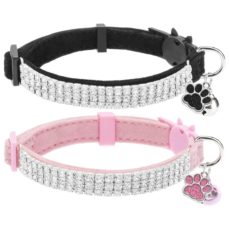 EXPAWLORER Soft Velvet Safe Cat Collars for Girl Cats -2 Pack Rhinestones Bling Diamante Adjustable Collars Breakaway- Chirstmas Cat Clollar Gifts with Bells for Boy Cats Kitty and Small Dogs