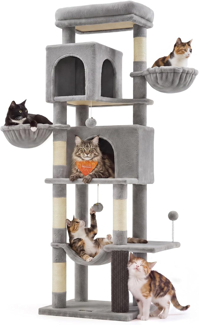 Feandrea Cat Tree, 69-in Large Cat Tower, Multi-Level Condo, Dove Gray