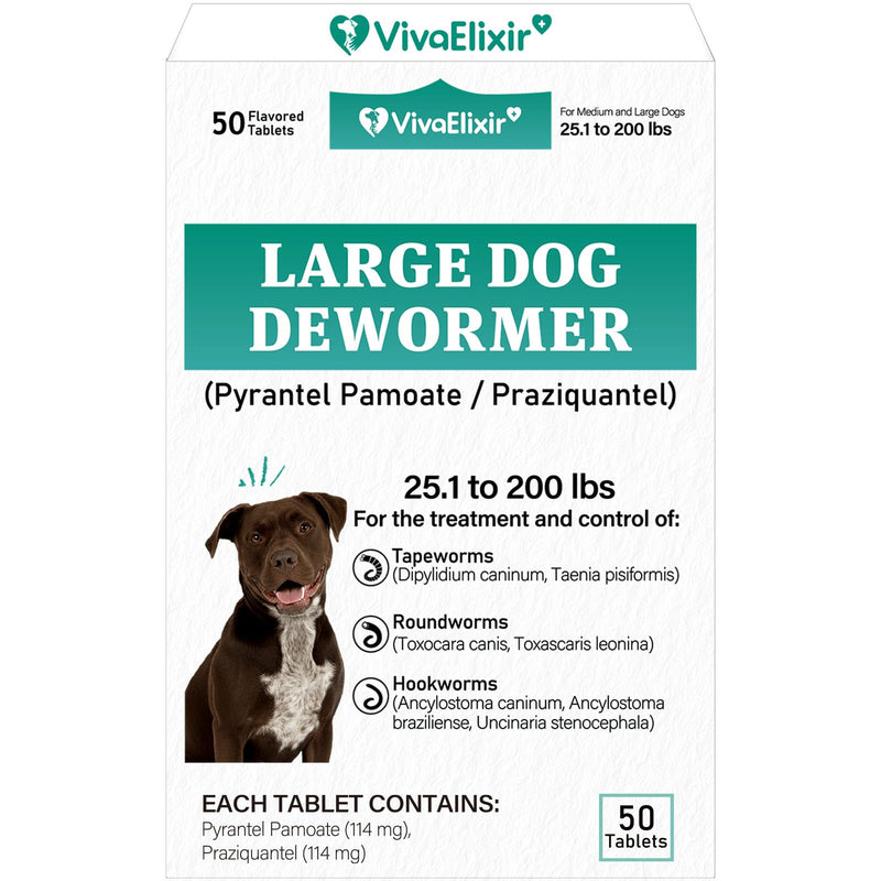 De-Wormer for Dogs, Oral Treatment for Tapeworm, Roundworm & Hookworm in Large Dogs & Puppies (Over 25 lbs), Worm Remover (Praziquantel & Pyrantel Pamoate), 50 Tablets