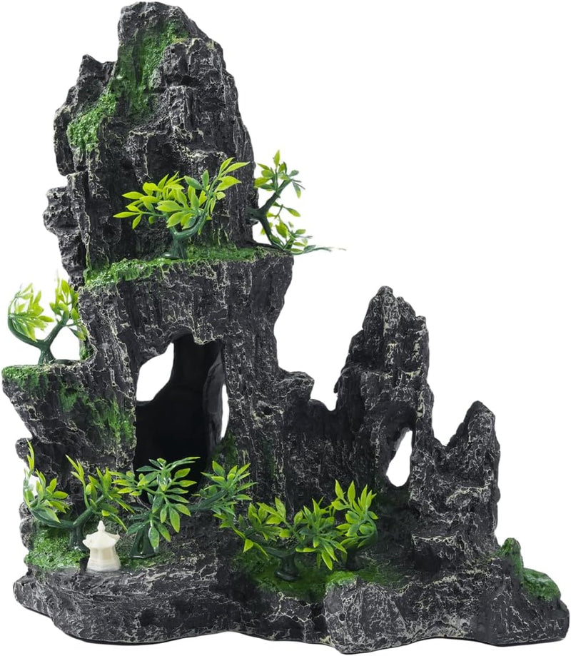 Large Fish Tank Decorations - Mountain View Aquarium Ornament with Tree House Cave Bridge,Resin, 10.24x9.45x5.12 inches,