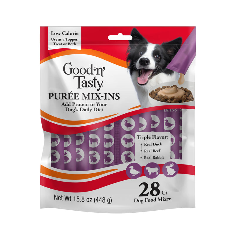Good 'n' Tasty Triple Flavor Puree Mix-Ins Dog Food Topper Treats for All Dogs, 28 Count, Easy Single-Serve Portions, Added Protein with Duck, Beef and Rabbit, No Chicken Added