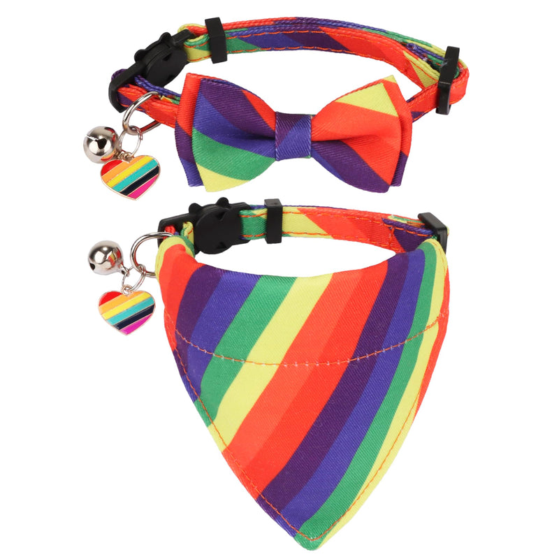 ADOGGYGO Rainbow Cat Collar with Bow Bandana - 2 Pack Cute Kitten Bowtie Collar for LGBT Pride Month, Adjustable Rainbow Collar for Cats