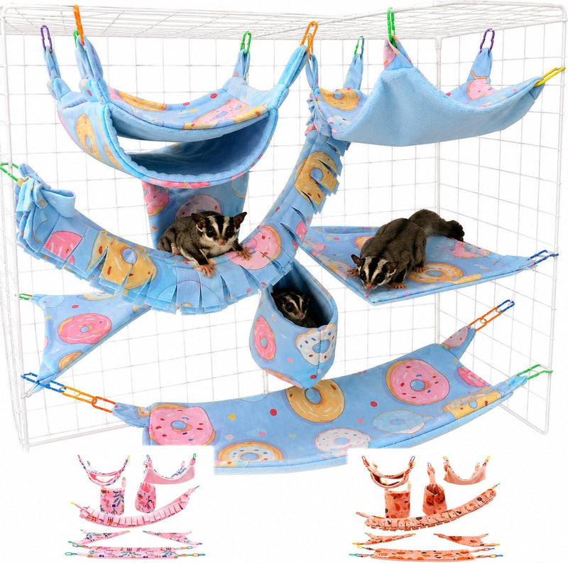 8 Pcs Sugar Glider Cage Set, Small Animal Fleece Hammock Set, Hanging Bed, Climbing Bridge and Toys for Sugar Gliders, F