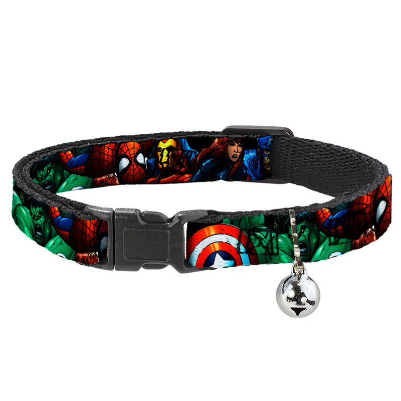 Marvel Comics Breakaway Cat Collar with Bell, Plastic Clip, Easy Adjustable, Marvel Universe Superheroes Stacked, 8.5 to 12 Inches 0.5 Inch Wide