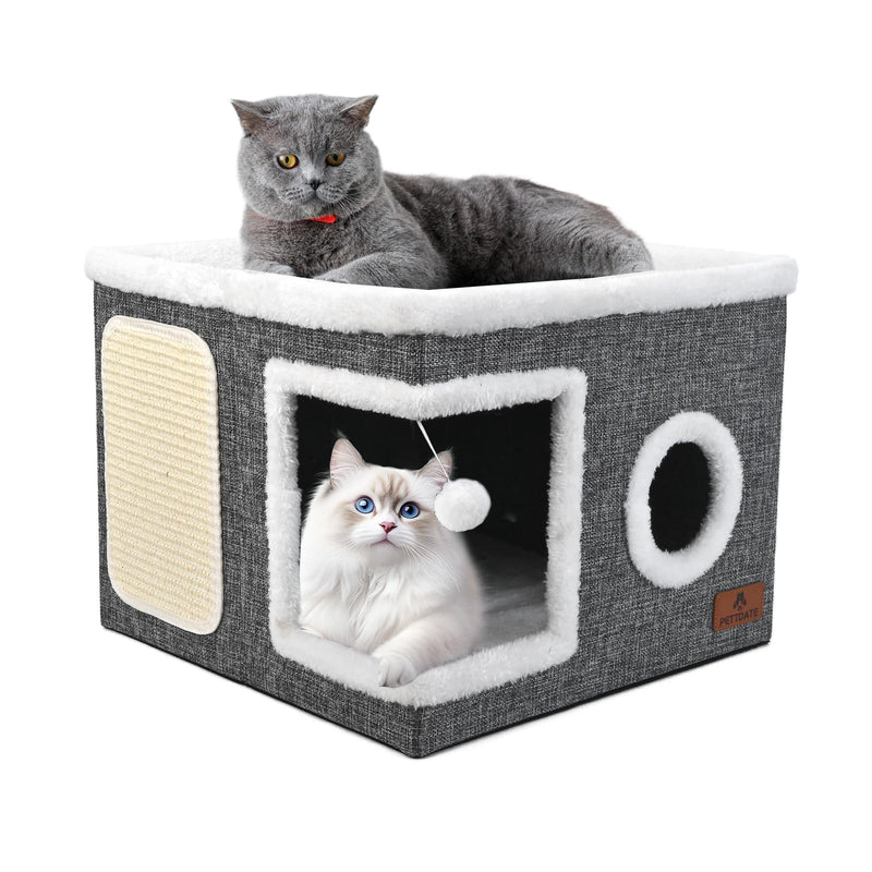 Cat Beds for Indoor Cats, Large Cat Cave Bed with Scratch Pad and Fluffy Ball, Foldable Cat Hideaway, Cat House with Reversible Cushion for Multi Small Pet Up to 30LBS, Grey