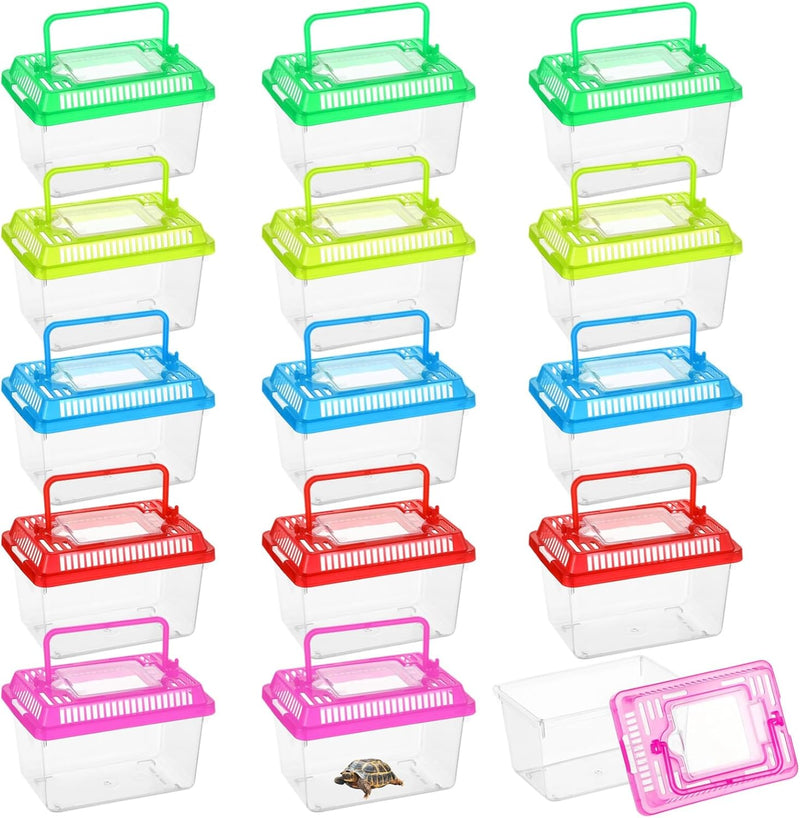 15 PCS Plastic Reptile Terrarium Carrier Cage, Portable Transparent Aquarium Box with Slotted Ventilation Holes for Turt
