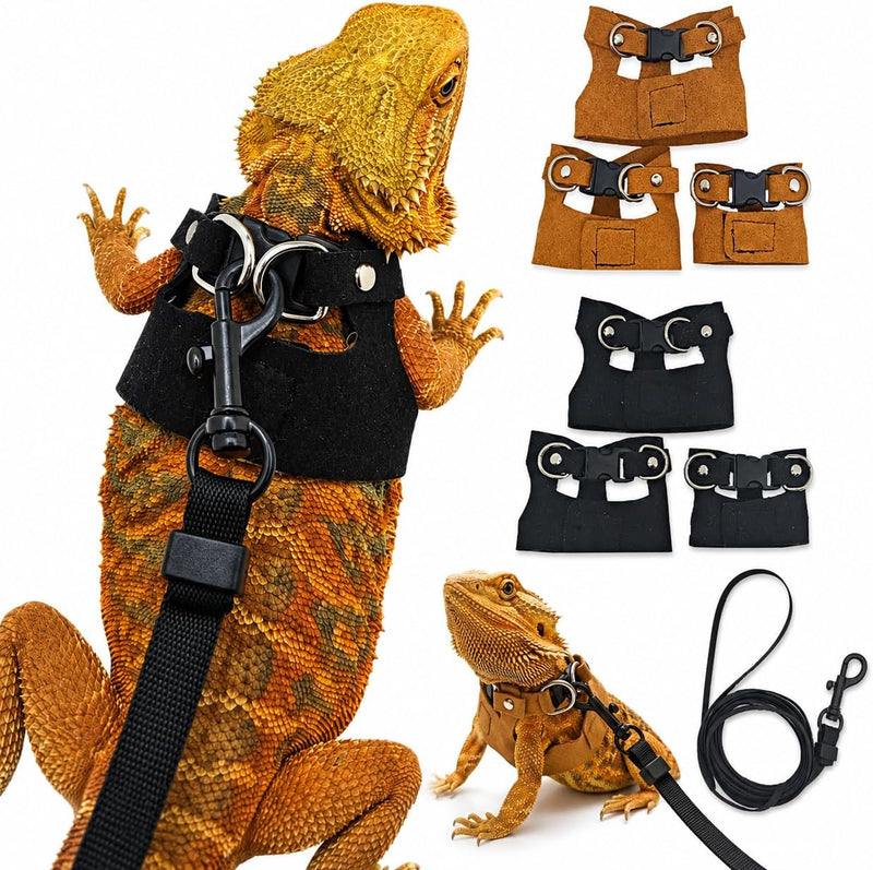 3 Pack Bearded Dragon Harness and Leash Set - Adjustable Soft Leather Vest with 6.89FT Retractable Lead, Escape-Proof Li
