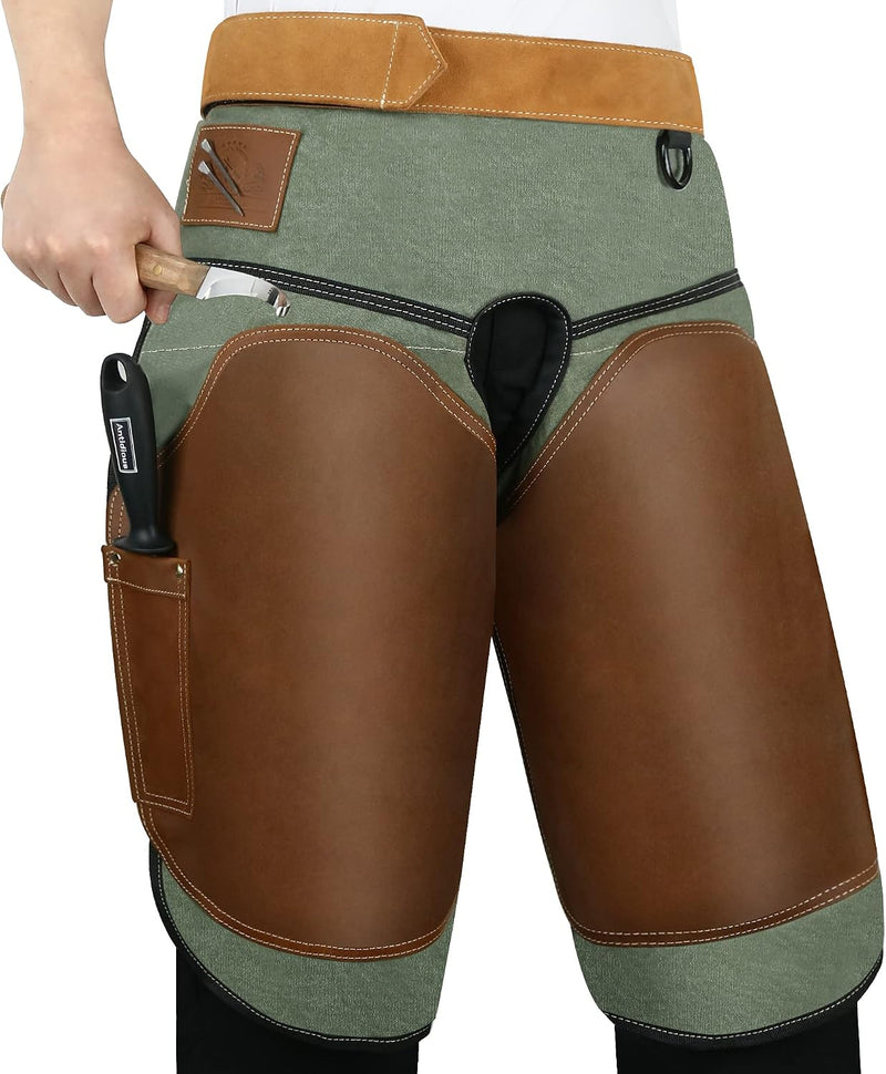 Antidious Professional Farrier Chaps Leather Farrier Apron with Adjustable Belt and Knees Straps Hoof Trimming, 2 Pocket