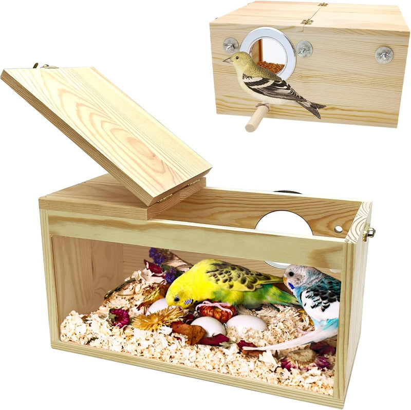 PINVNBY Large Natural Wood Parakeet Nesting Box Budgie Breeding Box Acrylic Bird Nest for Cage Transparent Panoramic for