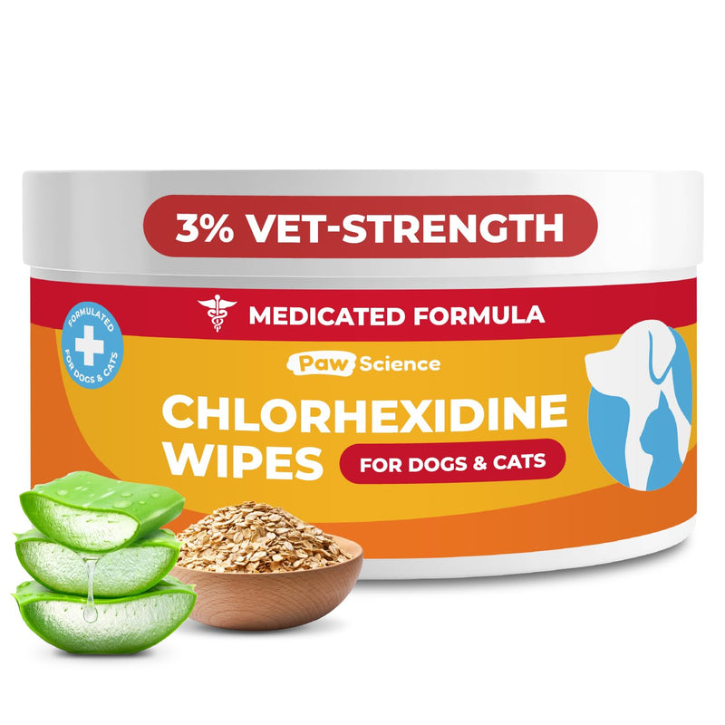 Paw Science 3% Chlorhexidine Wipes for Dogs and Cats - Cleansing Antiseptic, Antibacterial, Antifungal Wipes with Aloe for Skin Infections, Itchy Yeast Paws, Cat Acne