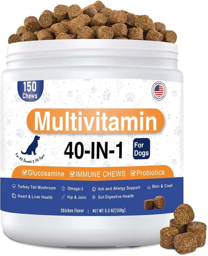 Dog Multivitamin Chews 150ct 40-in-1 Dog Vitamins and Supplements Chewable Contain Probiotics Omega-3 Glucosamine, Multi
